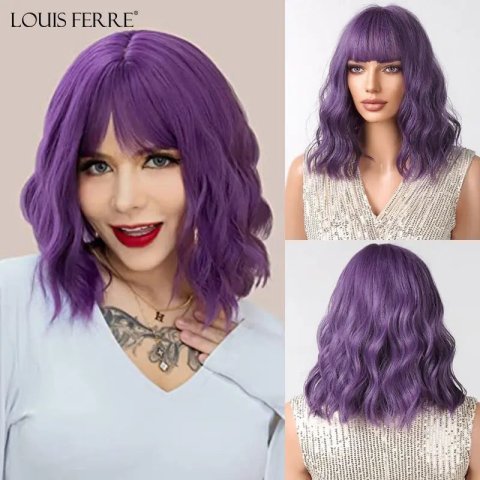 Short Purple Curly Wig with Bangs, Shoulder Length