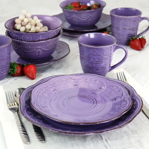 Rustic Birch 16-Piece Stoneware Dinnerware Set in Purple