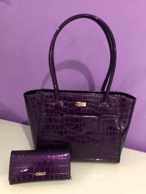 Croc-Embossed Patent Finish Multicompartment Handbag
