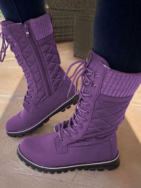 Women’s Winter Flat Snow Boots with Zipper and Lace-Up High Shaft